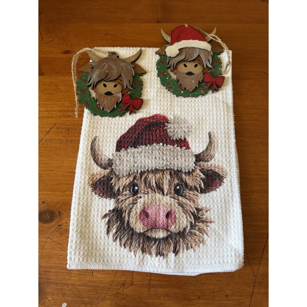 Highland Cow Christmas Kitchen Towel & Ornament Bundle Farmhouse Holiday Decor